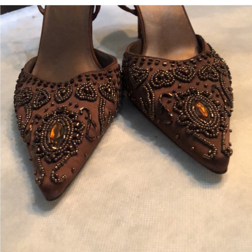 J. Loren Formal Crystal embellished silky fabric back strap leather sole heels
